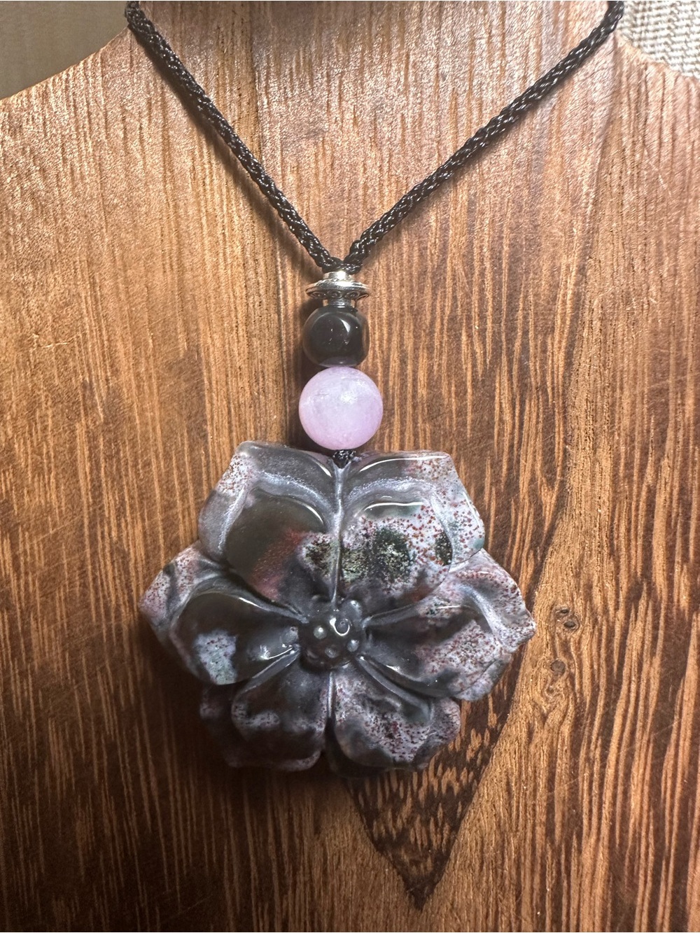 Ocean Jasper Pendant Necklace with Kunzite on Thin Black Adjustable Rope - Picture 4 of 16